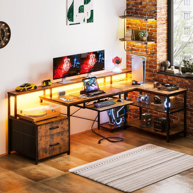 Wayfair Sholpan LED L-Shaped Desk With Cabinet With Power Outlets