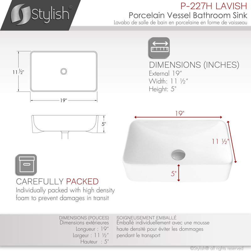 Wayfair STYLISH Opulence Lavish 19"L White Rectangular Vessel Sink P-227H