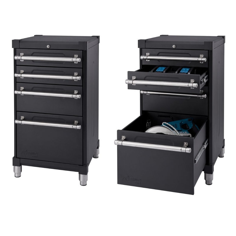 Wayfair TRINITY PRO 8-Piece 18-Gauge Steel Garage Cabinet Drawer Set In Black /w Solid Wood Top (Set Of 8)