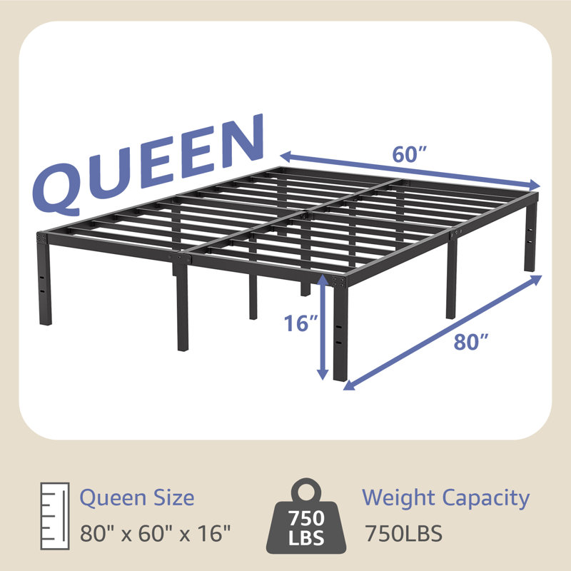 Wayfair Turberville 16'' Black Metal Platform Bed Frame With Steel Slat Support No Box Spring Needed Queen Size
