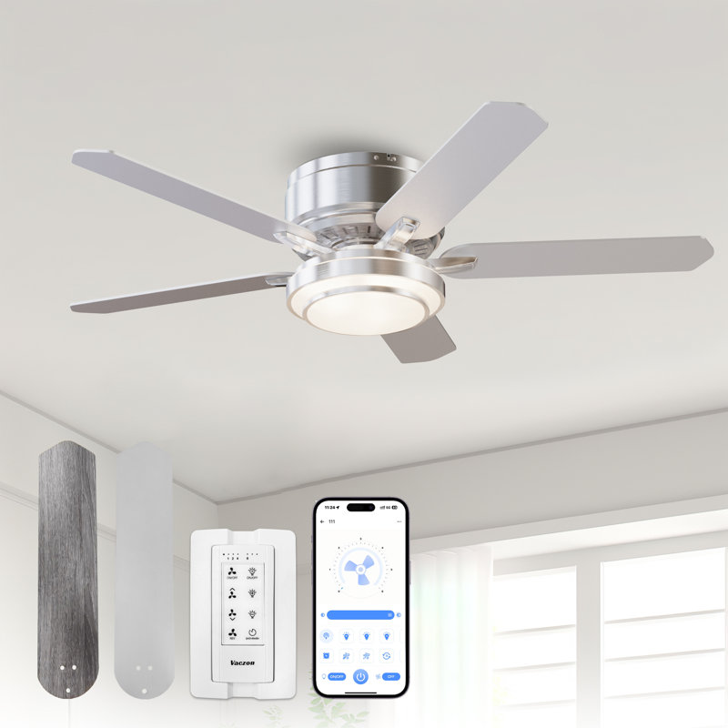Wayfair Vaczon 52" Flush Mount Smart Ceiling Fan with Dimmable 3CCT LED Lights Double-Sided Wood Blades 6-Speed Reversible DC Motor Timer Remote & App Control