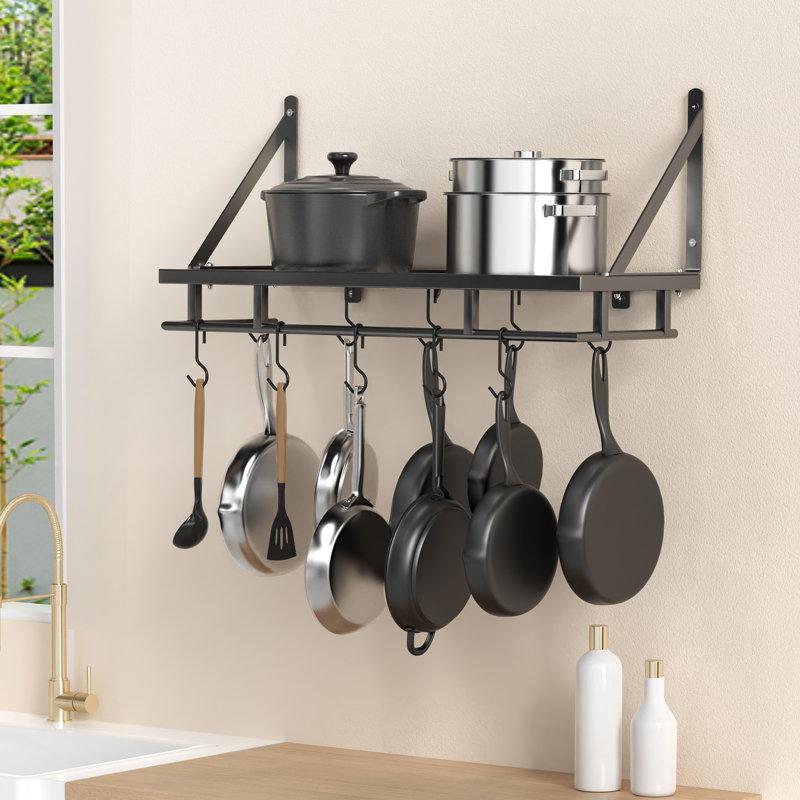 Wayfair Wall Mounted Pot Rack Kitchen 24 Inch Hanging Storage Organizer Wall Shelf With Hooks Matte Black