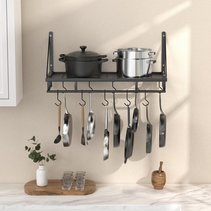 Wayfair Wall Mounted Pot Rack Kitchen 24 Inch Hanging Storage Organizer Wall Shelf With Hooks Matte Black