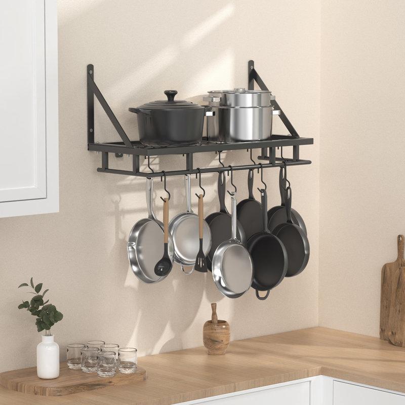 Wayfair Wall Mounted Pot Rack Kitchen 24 Inch Hanging Storage Organizer Wall Shelf With Hooks Matte Black