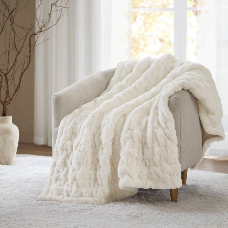Wayfair Ivory Ruched Fur Throw 50x60"