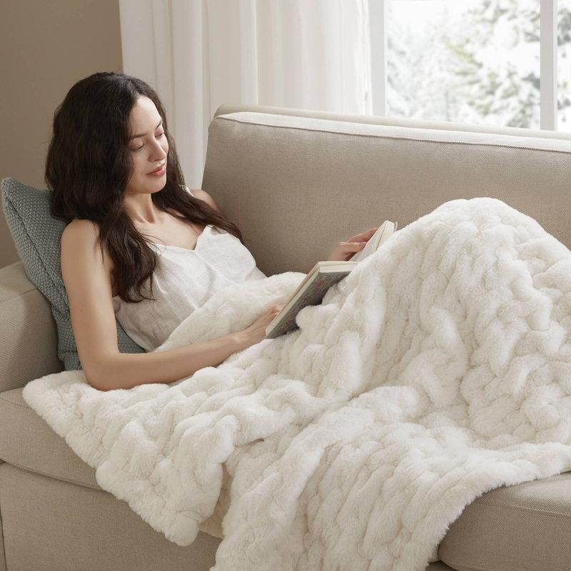 Wayfair Ivory Ruched Fur Throw 50x60"