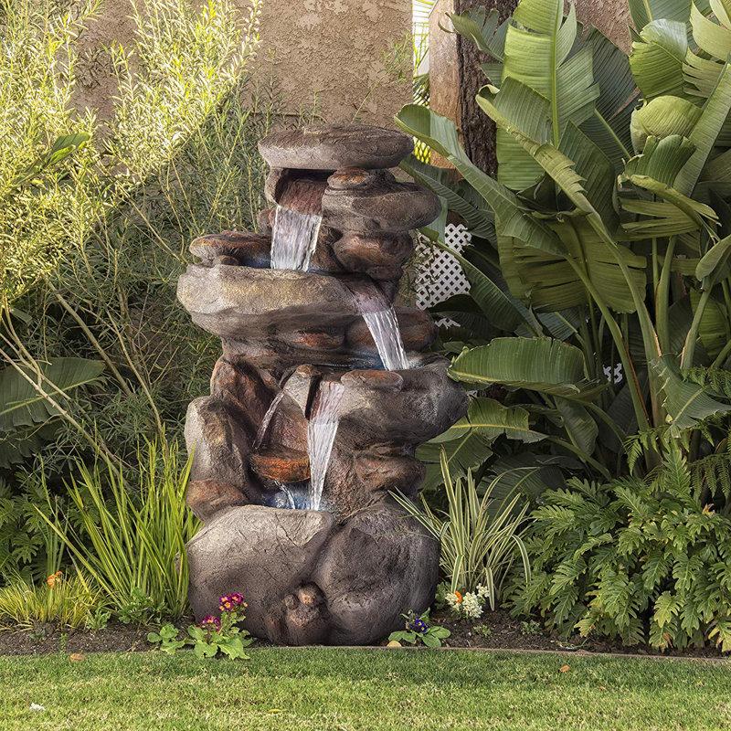 Wayfair Weather-Resistant Multi Tier Rock Outdoor Floor Fountain With LED Lights