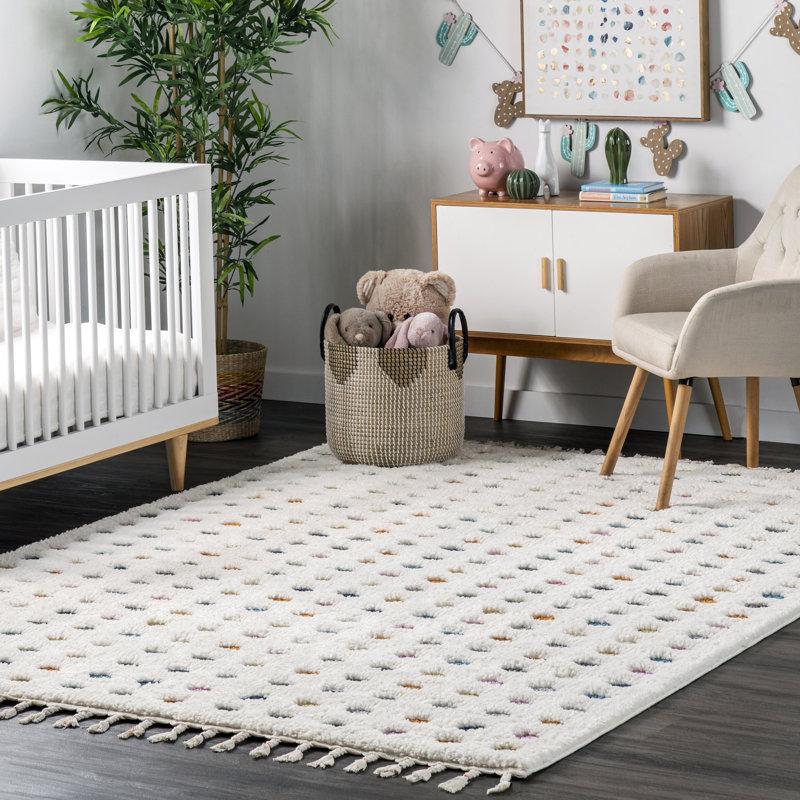Wayfair Weishaar Polka Dot Tasseled Shag Kids Nursery Ivory Rug