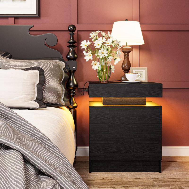 Wayfair Westerly Modern Style Wooden Nightstand With LED Light And Storage Drawers