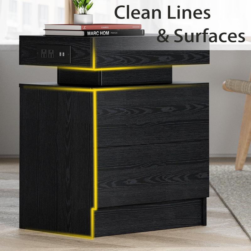 Wayfair Westerly Modern Style Wooden Nightstand With LED Light And Storage Drawers