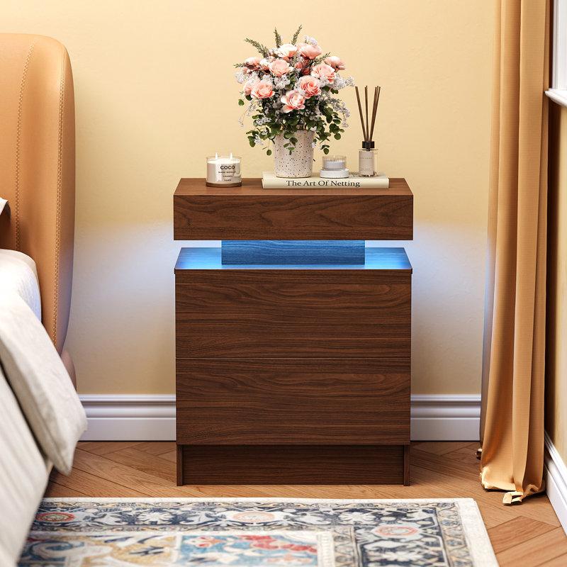 Wayfair Westerly Modern Style Wooden Nightstand With LED Light And Storage Drawers