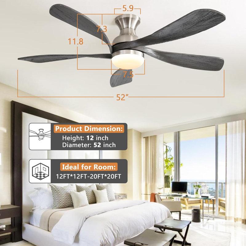 Wayfair Whisper 52" 5-Solid Blade Classic Flush Mount Ceiling Fan With LED Light Kit And Remote Control