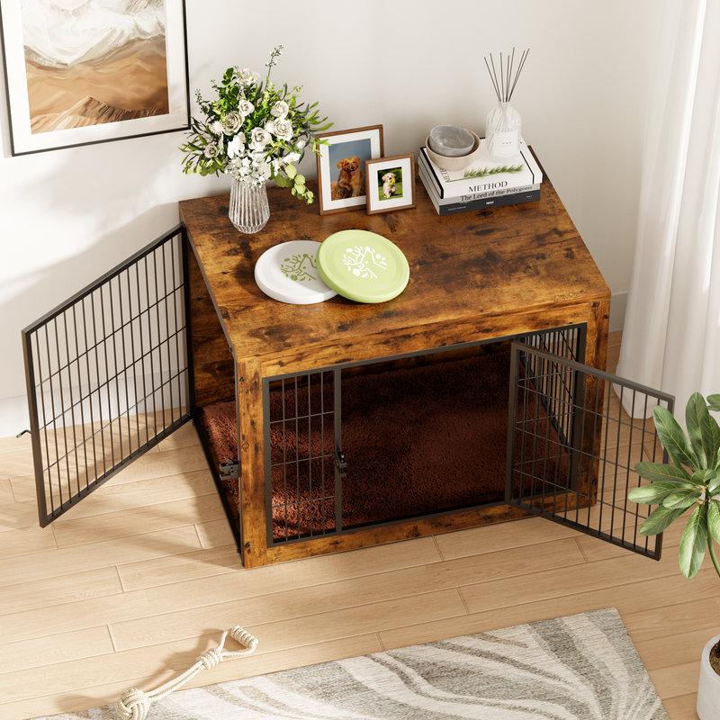 Wayfair Wooden Dog Crate Furniture With Front & Side Doors And Thick Cushion Heavy-Duty Kennel Side End Table Anti-Chew Design For Small To Large Dogs