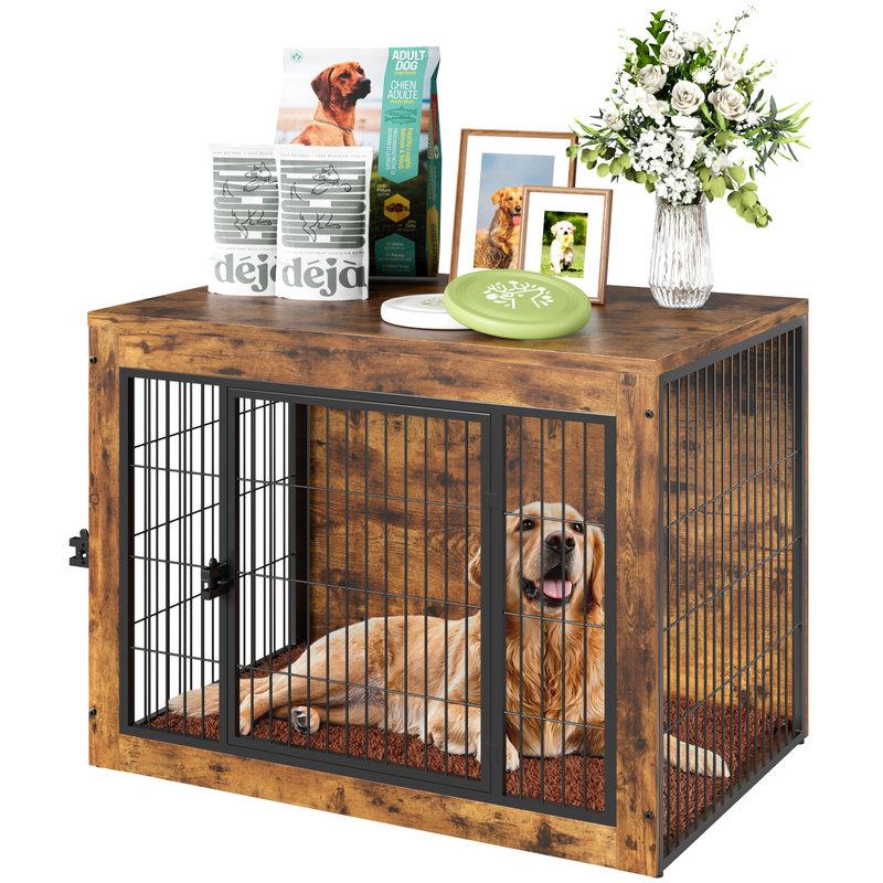 Wayfair Wooden Dog Crate Furniture with Front & Side Doors and Thick Cushion Heavy-Duty Kennel Side End Table Anti-Chew Design for Small to Large Dogs