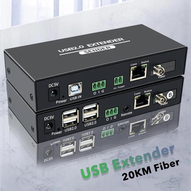 1 Pair USB 2.0 Optical Extension Adapter 4 Port USB 20KM Signal Over FC Fiber 100M CAT6 RJ45 LAN Cable For Webcam Camera PC(With US Plug)