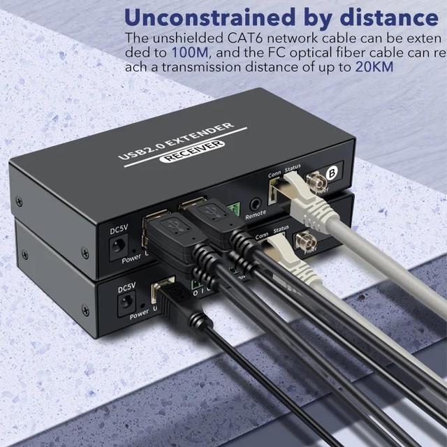 1 Pair USB 2.0 Optical Extension Adapter 4 Port USB 20KM Signal Over FC Fiber 100M CAT6 RJ45 LAN Cable For Webcam Camera PC(With US Plug)