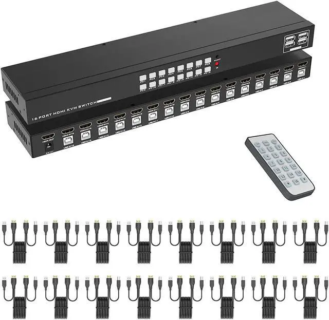 16 Port KVM Switch HDMI 4K 30Hz HDMI Rack Mount KVM Switch w/ 16 Pcs KVM Cables Support 4 USB 2.0 Devices & HDCP 2.2 & Remote Control for 16 Computers/Servers