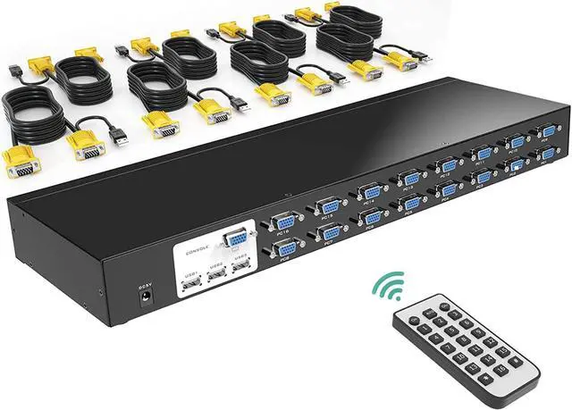 16 Port KVM Switch MT-VIKI Rackmount KVM Switch VGA 16x1 USB VGA KVM Console + 16packs KVM Cables + Rack-Ears for 1U Rack + IR Remote