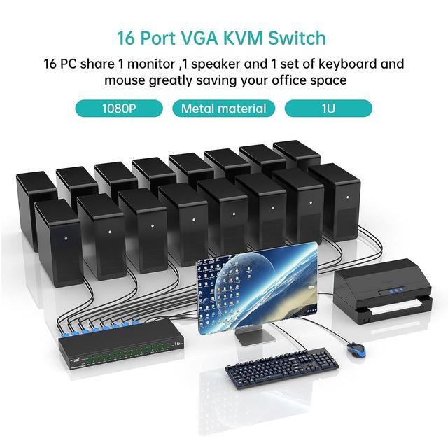 16 Port KVM Switch VGA + Cables Industrial Grade KVM Switch For 1U 19" Rack Mount KVM Support Daisy Chain/Hotkey/OSD Menu