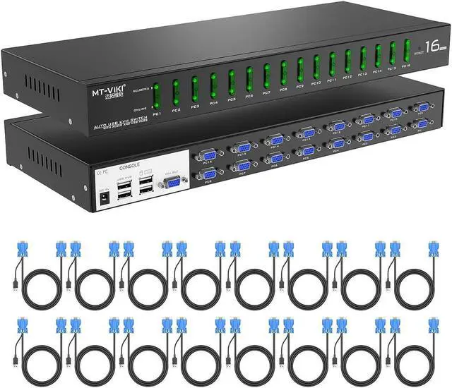 16 Port KVM Switch VGA + Cables Industrial Grade KVM Switch for 1U 19" Rack Mount KVM Support Daisy Chain/Hotkey/OSD Menu