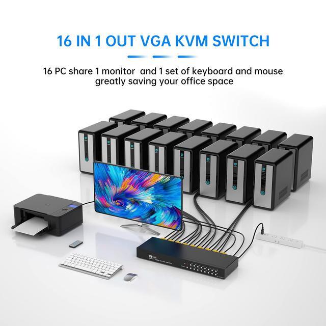 16 Port KVM Switch Yinker Rack KVM Console VGA 16x1 W/16-Pack Cables IR Remote & Ears Support HD 1080P 1U Rack Cabinet