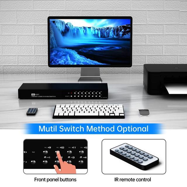 16 Port KVM Switch Yinker Rack KVM Console VGA 16x1 W/16-Pack Cables IR Remote & Ears Support HD 1080P 1U Rack Cabinet