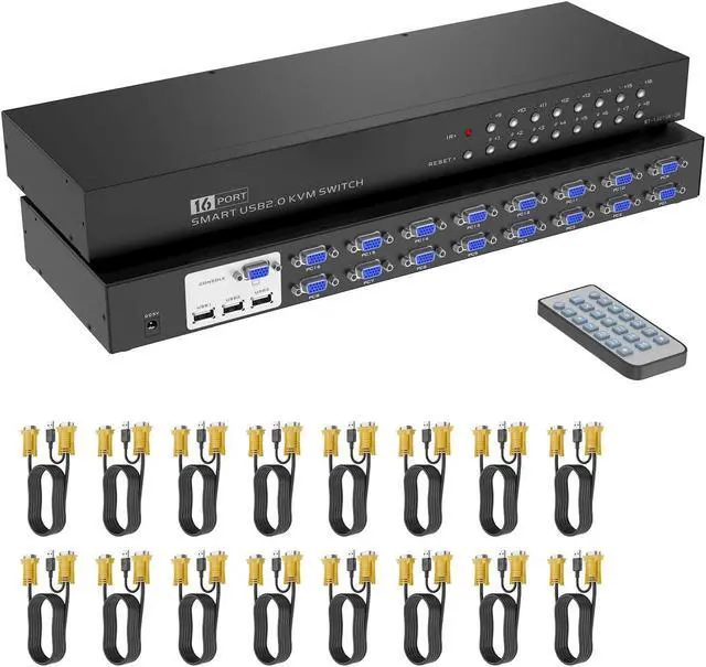 16 Port KVM Switch Yinker Rack KVM Console VGA 16x1 w/16-Pack Cables IR Remote & Ears Support HD 1080P 1U Rack Cabinet