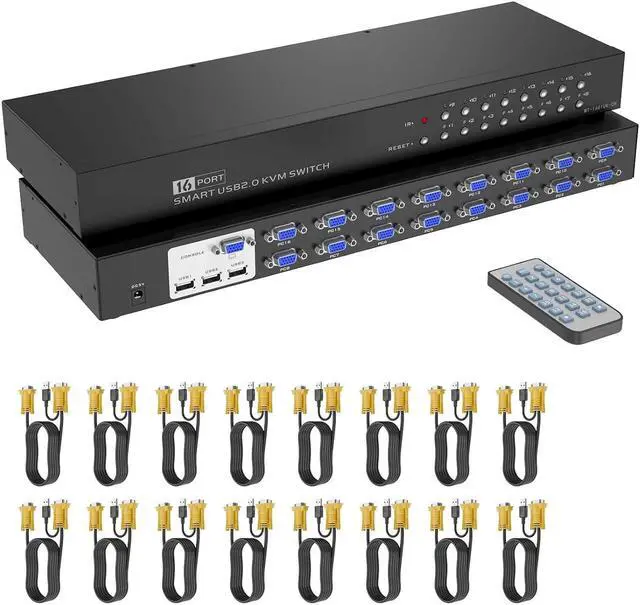 16 Port KVM Switch Yinker Rack KVM Console VGA 16x1 w/16-Pack Cables IR Remote & Ears Support HD 1080P 1U Rack Cabinet