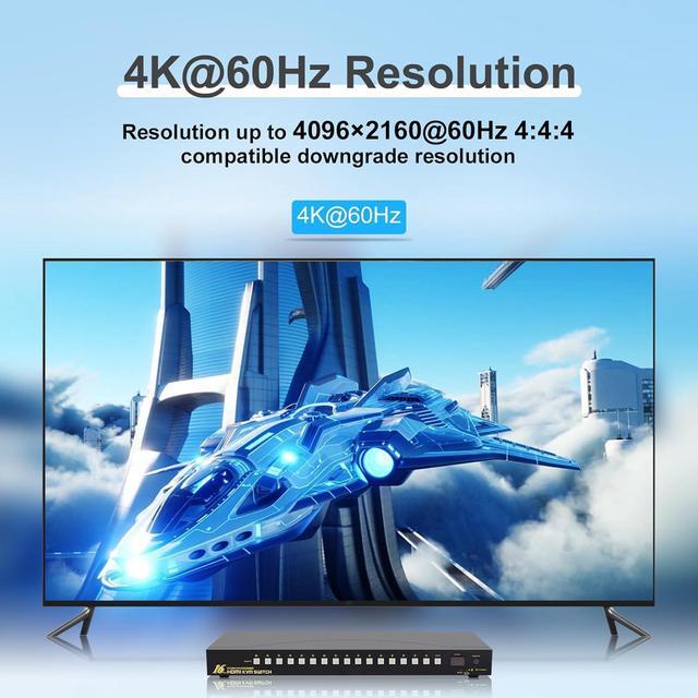 16x1 HDMI KVM Switch With USB 3.0 HUB 16 In 1 Out 4K HDMI Switcher With 4K 60Hz Resolution Rack Mount KVM Switch Support HDCP EDID Hotkey Mouse Switching For Linux Windows Mac Unix