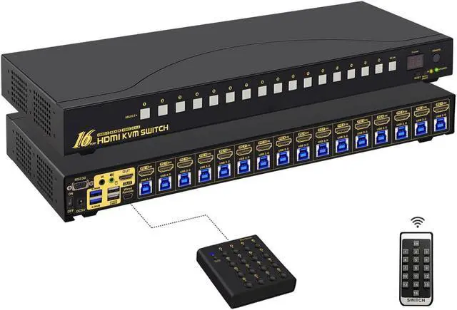 16x1 HDMI KVM Switch with USB 3.0 HUB 16 in 1 Out 4K HDMI Switcher with 4K 60Hz Resolution Rack Mount KVM Switch Support HDCP EDID Hotkey Mouse Switching for Linux Windows Mac Unix
