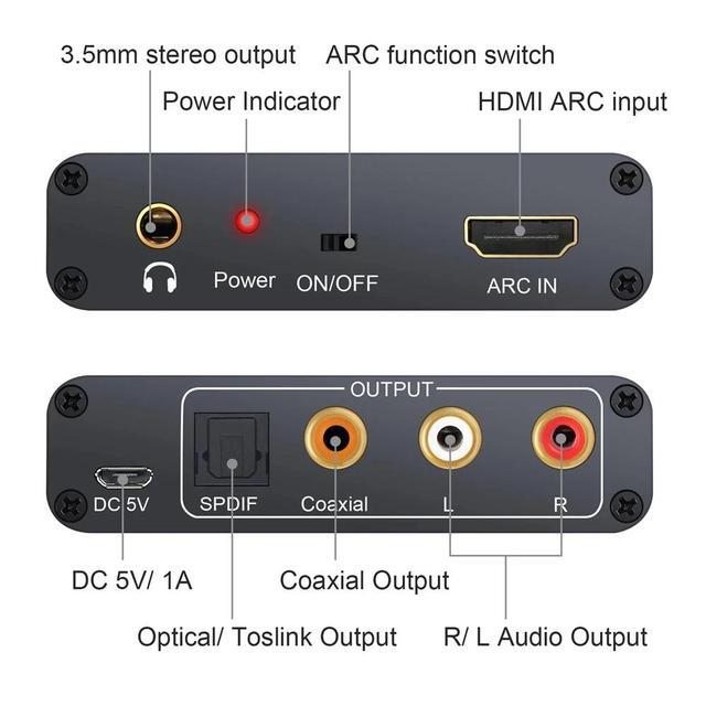 192KHz HDMI ARC Audio Extractor Digital To Analog Audio Converter ARC L/R Coaxial SPDIF 3.5mm Extractor Return Channel For TV