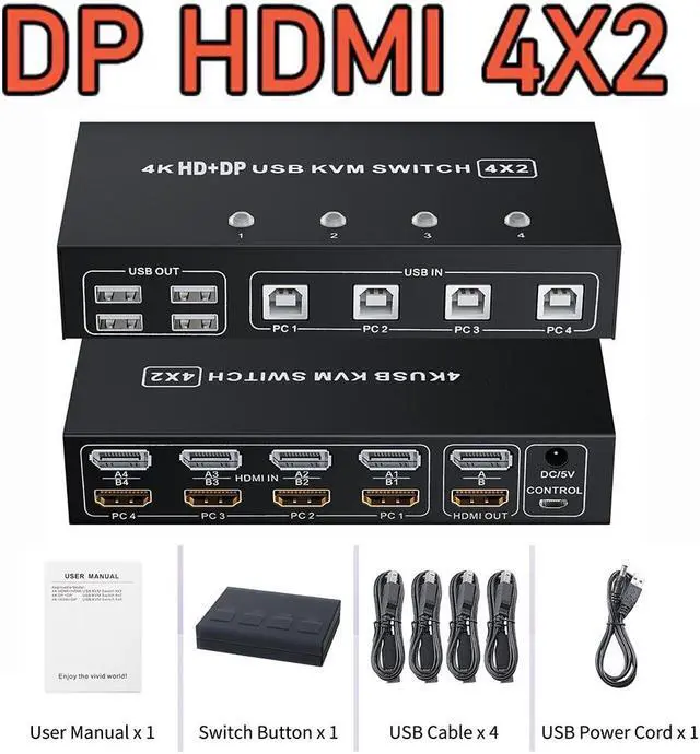 1pc Displayport HDMI KVM Switch dual monitor 4X2 2X2 HDMI Displayport USB KVM Switch Dual Display DP HDMI USB Switch KVM Switcher(check details) (HDMI 2X2)