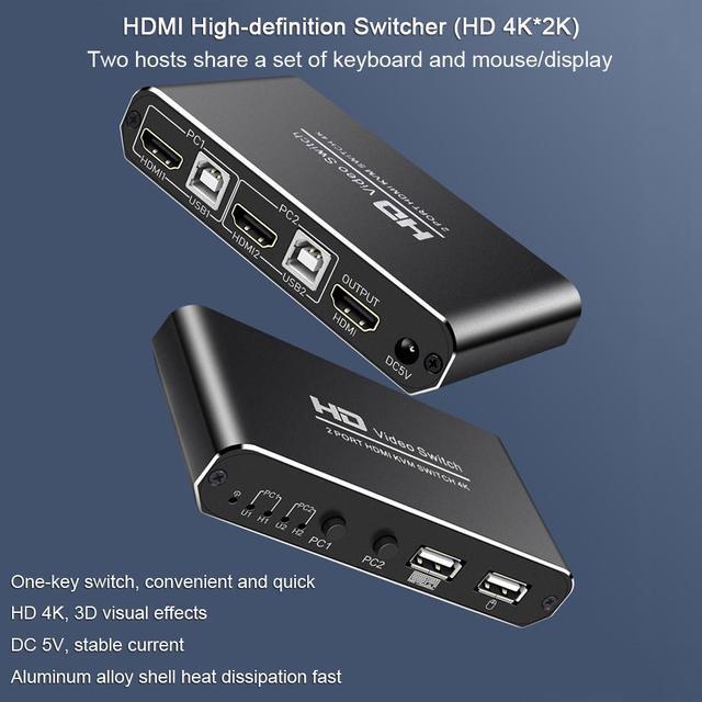 1Pcs 2X1 HDMI KVM Switch Monitor Swich UHD 4K 30Hz 2 In 1 Out Hotkey Switch With 2 Pcs 4.9ft KVM Cables Supports Mechanical And Multimedia Keyboard &Mouse USB 2.0 Devices