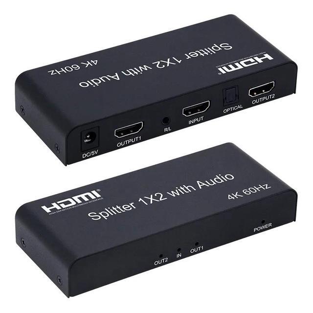1x2 HDMI Splitter With Audio Extractor 4K 60Hz HDMI Distributor Splitter 1 In 2 Out With SPDIF Optical + 3.5mm Stereo Audio Out(with EU Plug)