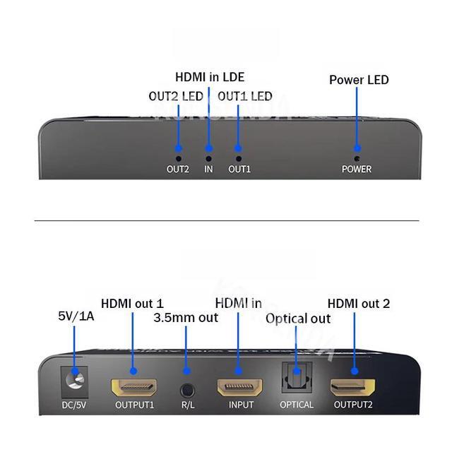 1x2 HDMI Splitter With Audio Extractor 4K 60Hz HDMI Distributor Splitter 1 In 2 Out With SPDIF Optical + 3.5mm Stereo Audio Out(with EU Plug)