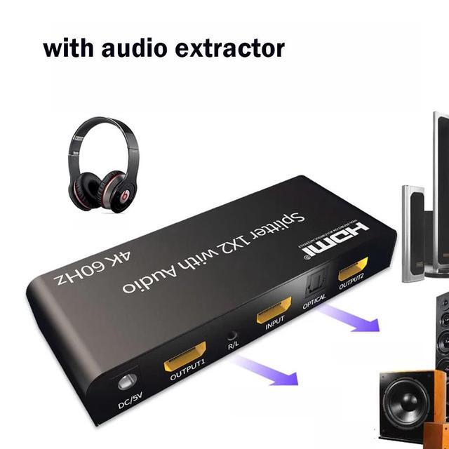 1x2 HDMI Splitter With Audio Extractor 4K 60Hz HDMI Distributor Splitter 1 In 2 Out With SPDIF Optical + 3.5mm Stereo Audio Out(with EU Plug)