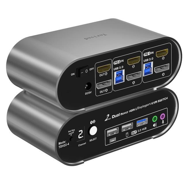 2 Computers 2 Monitors (HDMI + DP) KVM Switch 4K 144Hz 2K 240Hz Hotkey Switching Audio And Microphone Output Aluminum Shell Digital Display HDR10 With Cables