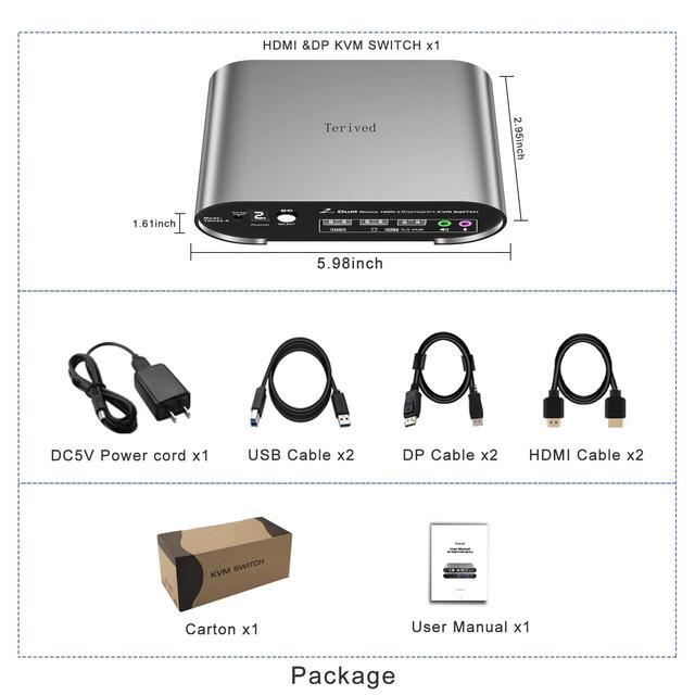2 Computers 2 Monitors (HDMI + DP) KVM Switch 4K 144Hz 2K 240Hz Hotkey Switching Audio And Microphone Output Aluminum Shell Digital Display HDR10 With Cables