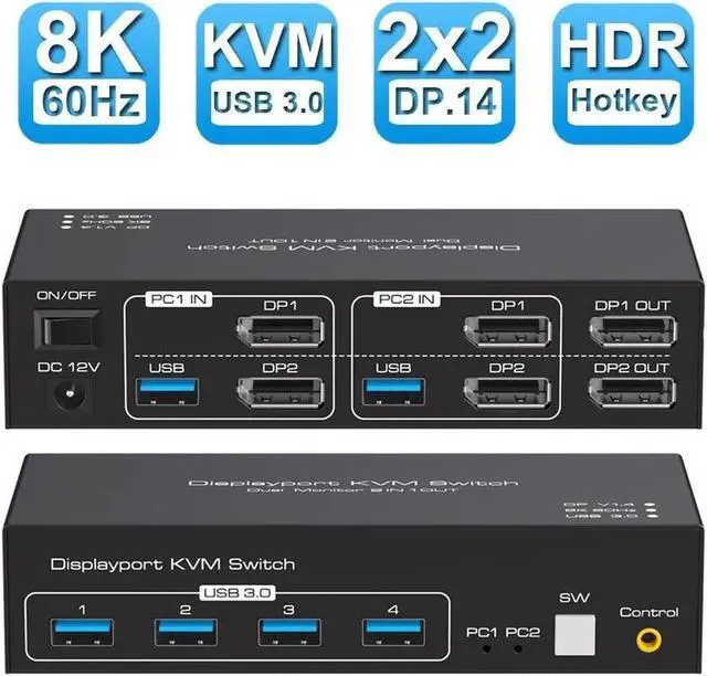 2 Computers DisplayPort Monitors KVM Switch 8K 60Hz EDID Digital Display and Aluminum Shell 4 X USB 3.0 Hub Support Extended & Duplicate Mode