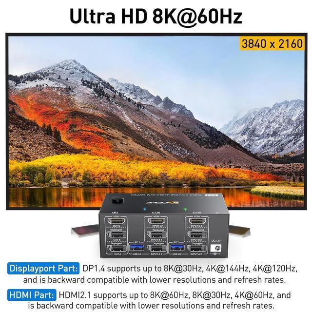 2 Displayport + 1 HDMI USB 3.0 KVM Switch 3 Monitors 2 Computers 8K 60Hz 4K 144Hz Triple Monitor KVM With 4 USB 3.0 Ports KVM Triple Monitor Keyboard Mouse Switcher Included KVM Cables