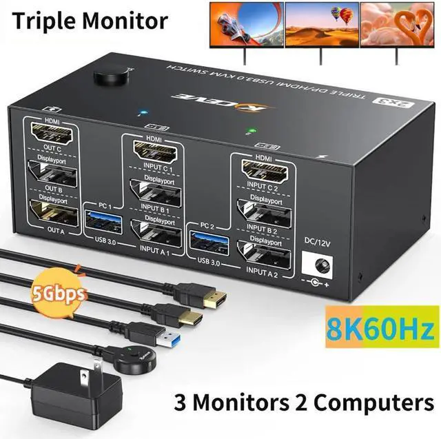 2 Displayport + 1 HDMI USB 3.0 KVM Switch 3 Monitors 2 Computers 8K 60Hz 4K 144Hz Triple Monitor KVM with 4 USB 3.0 Ports KVM Triple Monitor Keyboard Mouse Switcher Included KVM Cables