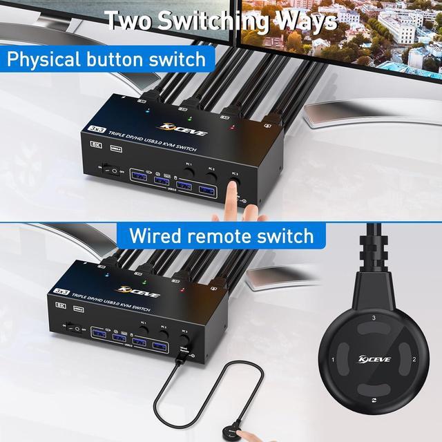 2 Displayport + 1 HDMI USB 3.0 KVM Switch 3 Monitors 3 Computers 8K 60Hz 4K 144Hz Triple Monitor KVM With 4 USB 3.0 Ports KVM Triple Monitor Keyboard Mouse Switcher Included Wired Remote&USB Cables
