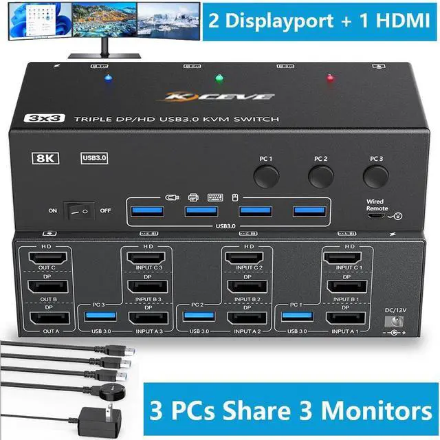 2 Displayport + 1 HDMI USB 3.0 KVM Switch 3 Monitors 3 Computers 8K 60Hz 4K 144Hz Triple Monitor KVM with 4 USB 3.0 Ports KVM Triple Monitor Keyboard Mouse Switcher Included Wired Remote&USB Cables
