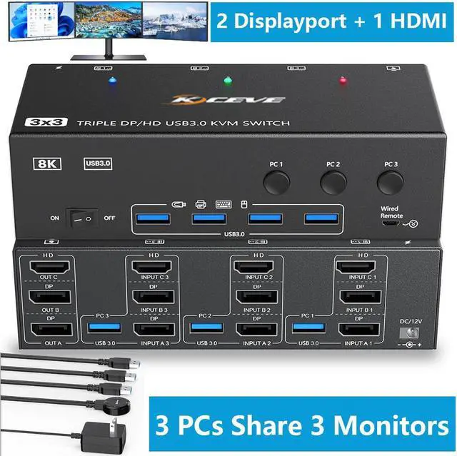 2 Displayport + 1 HDMI USB 3.0 KVM Switch 3 Monitors 3 Computers 8K 60Hz 4K 144Hz Triple Monitor KVM with 4 USB 3.0 Ports KVM Triple Monitor Keyboard Mouse Switcher Included Wired Remote&USB Cables