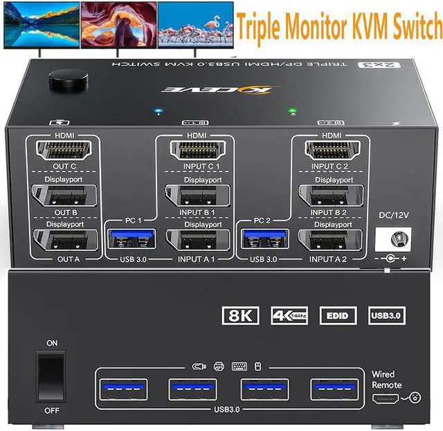 2 Displayport + HDMI 3 Monitor KVM Switch USB 3.0 8K 60Hz 4K 144Hz Triple Monitor KVM Switch for 2 Computer Share 3 Monitor and 4 USB 3.0 Port Keyboard Mouse Wired Remote and 5 Cables Included