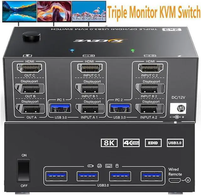 2 Displayport + HDMI 3 Monitor KVM Switch USB 3.0 8K 60Hz 4K 144Hz Triple Monitor KVM Switch for 2 Computer Share 3 Monitor and 4 USB 3.0 Port Keyboard Mouse Wired Remote and 5 Cables Included