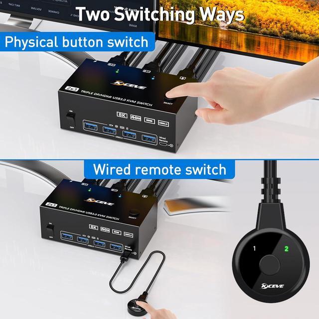 2 Displayport + HDMI Triple Monitor USB 3.0 KVM Switch 3 Monitors 2 Computers 8K 60Hz 4K 144Hz Triple KVM Switch With 4 USB 3.0 Ports KVM Triple Monitor Keyboard Mouse Switcher Included KVM Cables