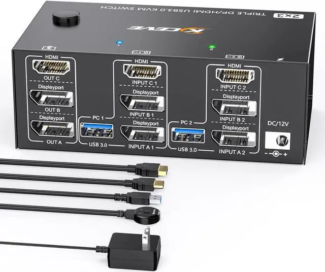 2 Displayport + HDMI USB 3.0 KVM Switch 3 Monitors 2 Computers 8K 60Hz 4K 144Hz Triple Monitor KVM with 4 USB 3.0 Ports KVM Triple Monitor Keyboard Mouse Switcher Included KVM Cables
