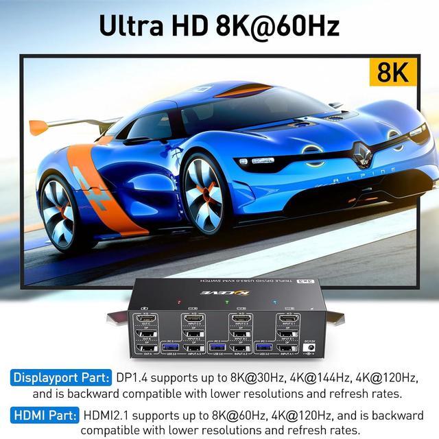 2 Displayport + HDMI USB 3.0 KVM Switch 3 Monitors 3 Computers 8K 60Hz 4K 144Hz Triple Monitor KVM Switch With 4 USB3.0 Ports Triple Monitor Keyboard Mouse Switcher Included KVM Cables Wired Remote
