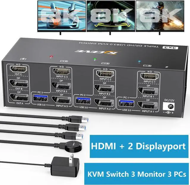2 Displayport + HDMI USB 3.0 KVM Switch 3 Monitors 3 Computers 8K 60Hz 4K 144Hz Triple Monitor KVM Switch with 4 USB3.0 Ports Triple Monitor Keyboard Mouse Switcher Included KVM Cables Wired Remote
